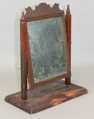 Rare 18th C Country Queen Anne Dressing Mirror In Frame Best Red Paint