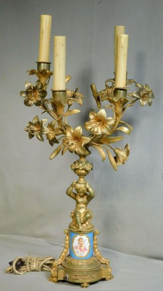 Antique Gilt Bronze Porcelain Ala Sevres Figural Cherub Candelabra Lamp Vintage