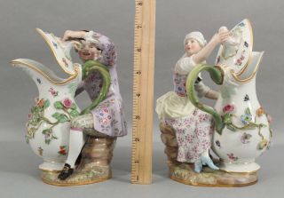 Pair Antique 19thc Meissen Porcelain Figures Man Woman Pitchers,