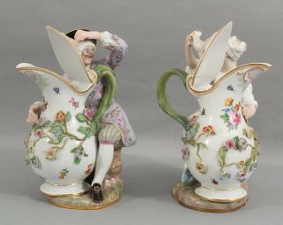 Pair Antique 19thC Meissen Porcelain Figures Man Woman Pitchers, 2