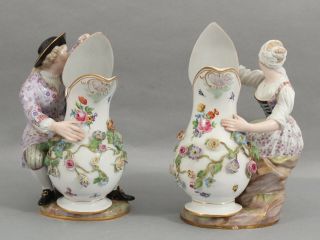 Pair Antique 19thC Meissen Porcelain Figures Man Woman Pitchers, 3