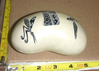 Hand Carved & Etched Stone Trinket Box - Kidney Shape - Insects/geometric Design