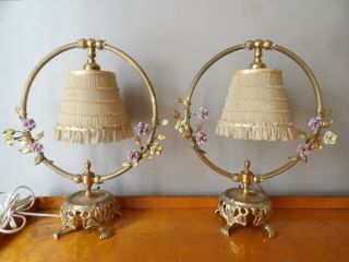Fine 2 Pair Vtg Boudoir Lamps Porcelain Flowers Silk Shade Great 4 Art Glass