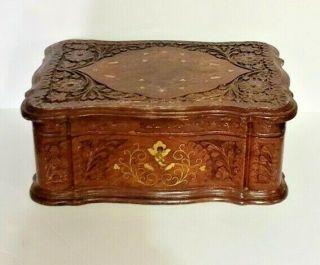 Antique Vtg Ornate Hand Carved Wood Jewelry Box Brass Inlay & Hardware With Key