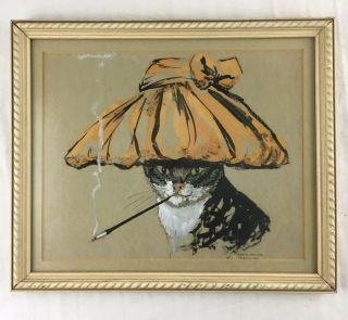 Vintage The Cat’s Meow Glamorous Smoking Cat Retro Art Deco Mcm 11x13 Framed