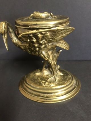 Detailed Antique Brass Hinged Figural Crane & Lizard On Inkwell Or Stamp Box