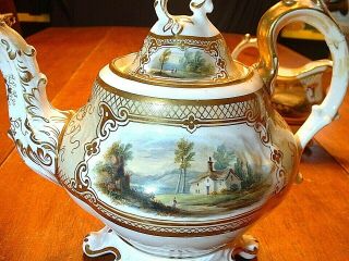 Early 19ThC Museum Quality Hand Painted Gilded Scenic Teapot & Creamer 4 2