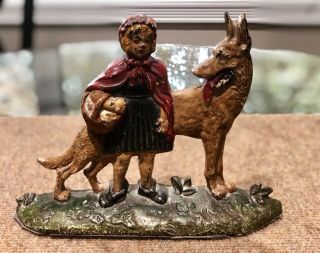 Antique Nuydea Little Red Riding Hood Cast Iron Door Stop Rare And