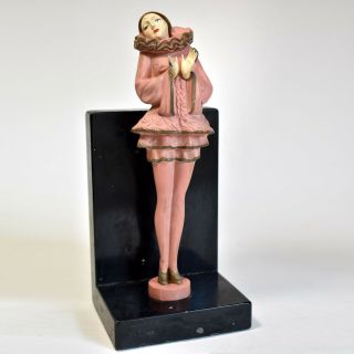 Antique Art Deco Bookend Statue - Gerdago - Jb Hirsch - Pink Pierrot Pixie