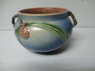 Vintage Roseville Pottery - Christmas Blue Pinecone Handled Ball Vase