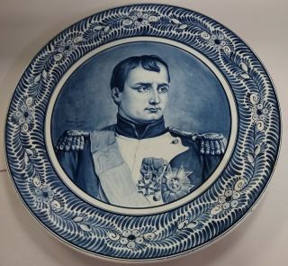 Antique C.  1880 Royal Bonn Delft Blue & White Napoleon Portrait 14 " Charger/plat