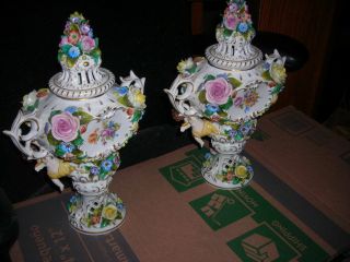 Gorgeous Antique 1900 Sitzendorf Potpourri Vases With Cherubs 14 " Tall