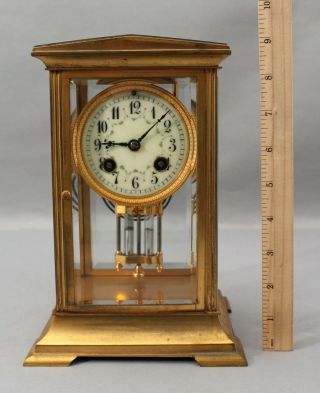 Antique French Bronze Crystal Regulator Mantle Clock W/ Pendulum & Key,  Nr