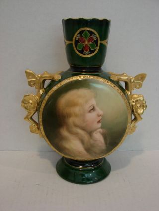 Antique M R France By Martial Redon Moon Flask Portrait Vase W/gilt Handles