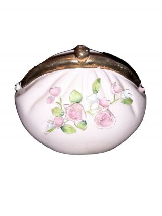 Vintage 1950’s Lefton Hand - Painted Pink Bisque Porcelain Purse Planter,  Vase