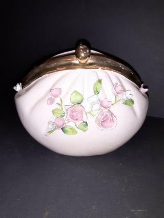 Vintage 1950’s LEFTON Hand - Painted PINK Bisque Porcelain PURSE PLANTER,  Vase 2