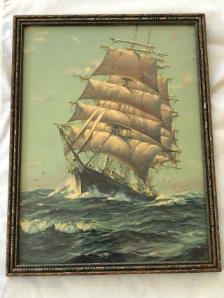 Vtg Nautical Sailor Collectible Full Mast Sailing Ship Rolling Seas Print Frame