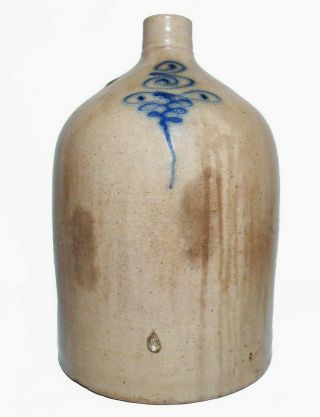 Mid - 19th C Antique Blue Slip Dec Bumble Bee Sting Salt Glzd Stoneware 3 Gal Jug
