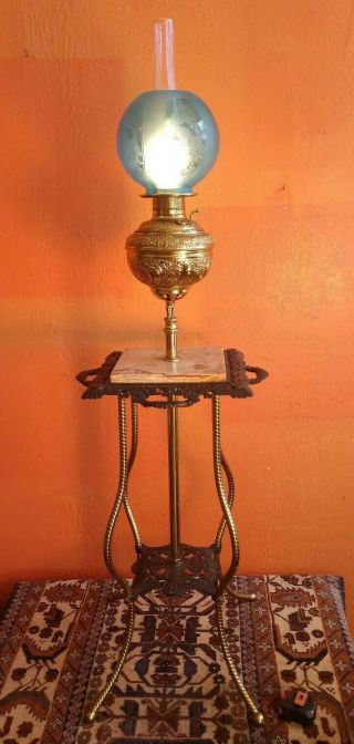 Victorian Antique Brass Piano Oil Floor Lamp W/marble Top By S&w