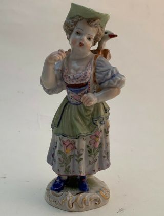 Antique Meissen Porcelain Figurine Girl Carrying Geese In Basket