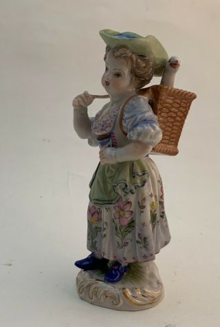 Antique Meissen Porcelain Figurine Girl Carrying Geese in Basket 3