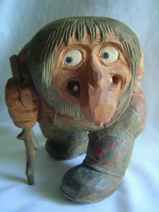 Vintage Ugly Large Hand Carved Wooden Scandinavian Troll Looks Like Sveen