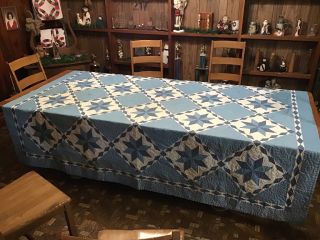 Vintage Quilt.  Blue And White Star.  Hand Stitched