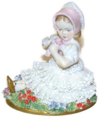 Vintage Sitzendorf Dresden Lace Figurine Girl In Flower Field Wearing A Bonnet