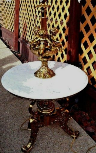 Vintage Stunning Hollywood Regency Cherub Floor Brass Lamp W/ Marble Table
