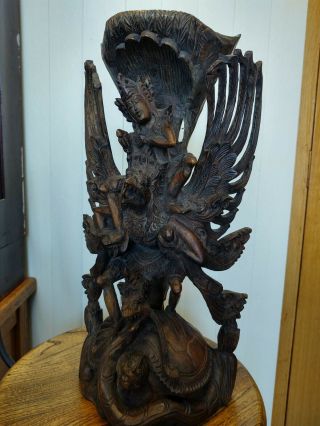 18 " Old Vintage Antique Wood Carving Vishnu Riding Garuda Deity Statue - 1940 