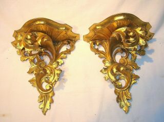 Fine & Rare Antique Italian Water Gold Gilded Carved Wood Wall Brackets
