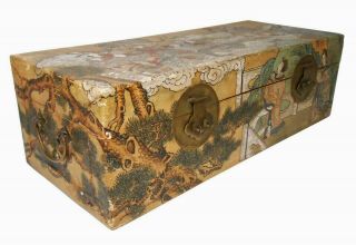 Late 19th C Antique Chinese Export Hand Painted Pigskin Cov Trunk,  W/brass Hasps