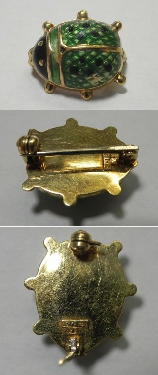 J557 Vintage Art Deco Retro 18k Gold Italian Guilloche Enamel Ladybug Pin Brooch