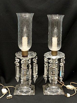 Antique American Brilliant Cut Glass Hurricane Table Lamp W/ Prisms 21 "
