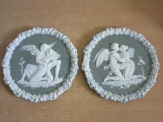 Pair Antique German Relief Wall Plaque Dish Fairy & Angel Kissing Jasperware 7 "