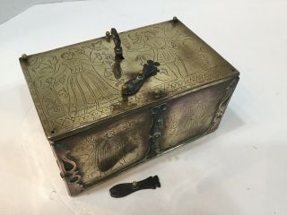 Rare Cast Brass Strong Box Money Box 17th - 18th Century Locked Wrong Key.