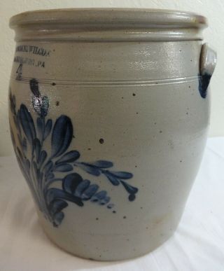 Antique 4 Gal.  Cowden Wilcox Stoneware Crock Full Blue Pussy Willow Decoration 2