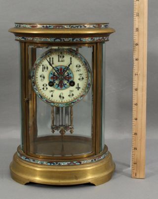 Antique French Bronze Enamel Champleve Cloisonne Oval Crystal Regulator Clock