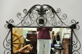 Large Vintage French Art Nouveau Style Black Wrought Iron Console Wall Mirror