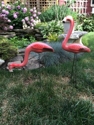 Vintage Mid Century Lawn & Garden Pink Flamingos Concrete Cement