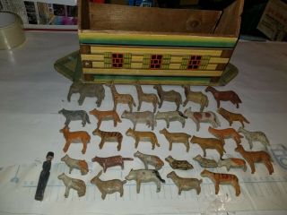 Very Rare Vintage Wooden Hand Carved And Painted Animals/ Wooden House