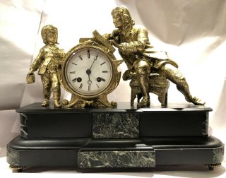 Antique Figural/statue/gilded French Mantel Clock - Scholar With Son