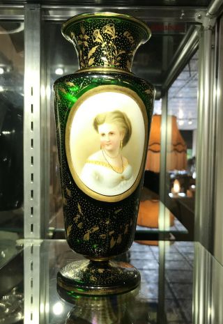 Antique Victorian Portrait Hand Painted Emerald Green Glass Vase 9 " Tall