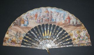 Rare Antique French 18th Mother Of Pearl Hand Painted Figural Concert Scene Fan