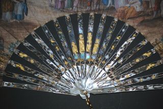 RARE ANTIQUE FRENCH 18TH MOTHER OF PEARL HAND PAINTED FIGURAL CONCERT SCENE FAN 2