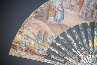 RARE ANTIQUE FRENCH 18TH MOTHER OF PEARL HAND PAINTED FIGURAL CONCERT SCENE FAN 3