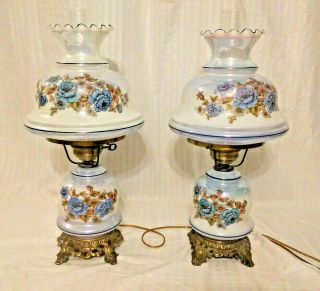 Vintage Accurate Casting Pair Blue Floral Gone With The Wind Hurricane Lamps