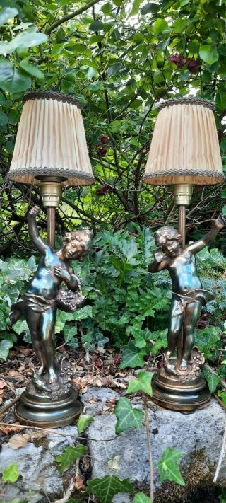 Old Pair French Brass/bronze Angel Cherub Putti Table Lamp Chic Boudoir Shabby