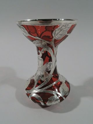 Alvin Vase - R3471 - Antique Art Nouveau - American Red Glass Silver Overlay