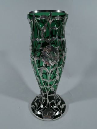 Matthews Vase - 519 - Antique Art Nouveau - American Green Glass Silver Overlay